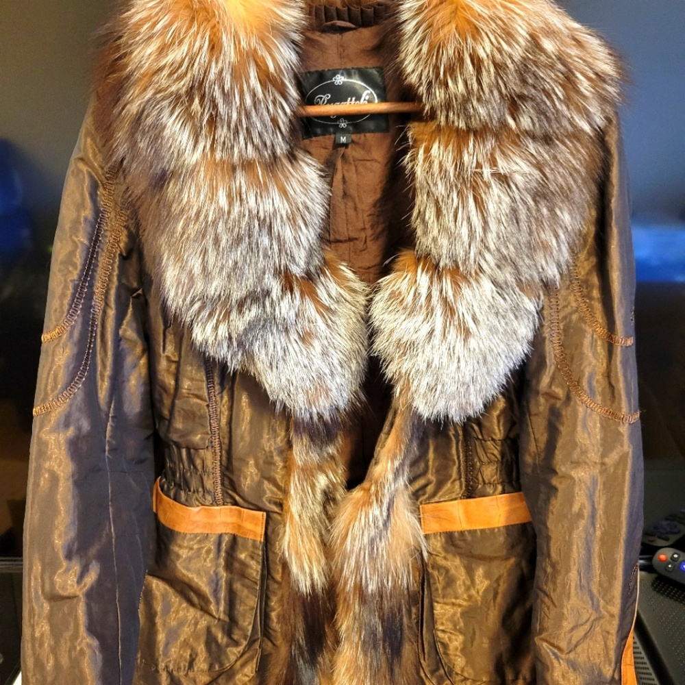 Brown fox fur leather trim jacket